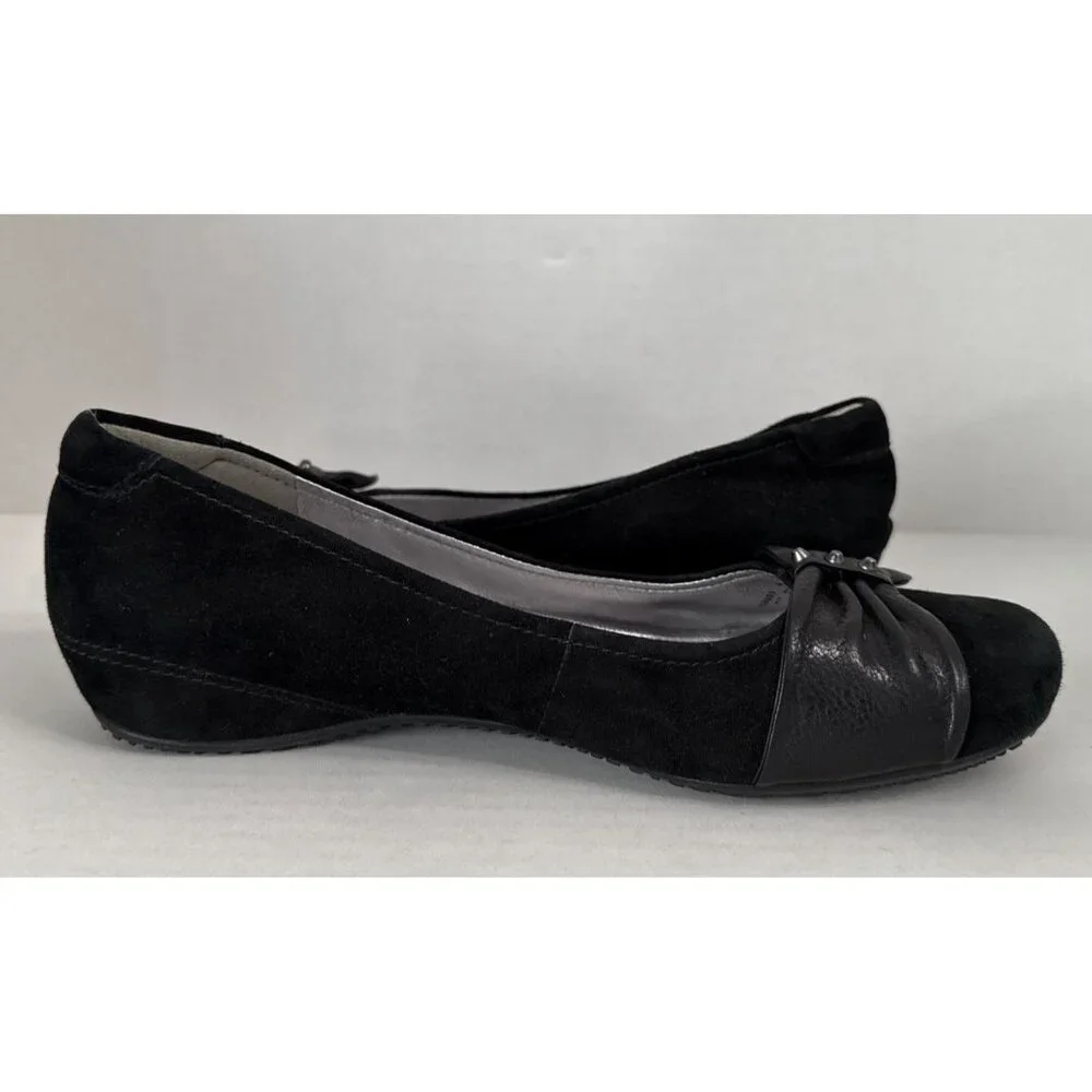 ECCO Women's Flats 40  9 - 9.5 Black Suede Leather Ballerina Bow Trim Comfort‎